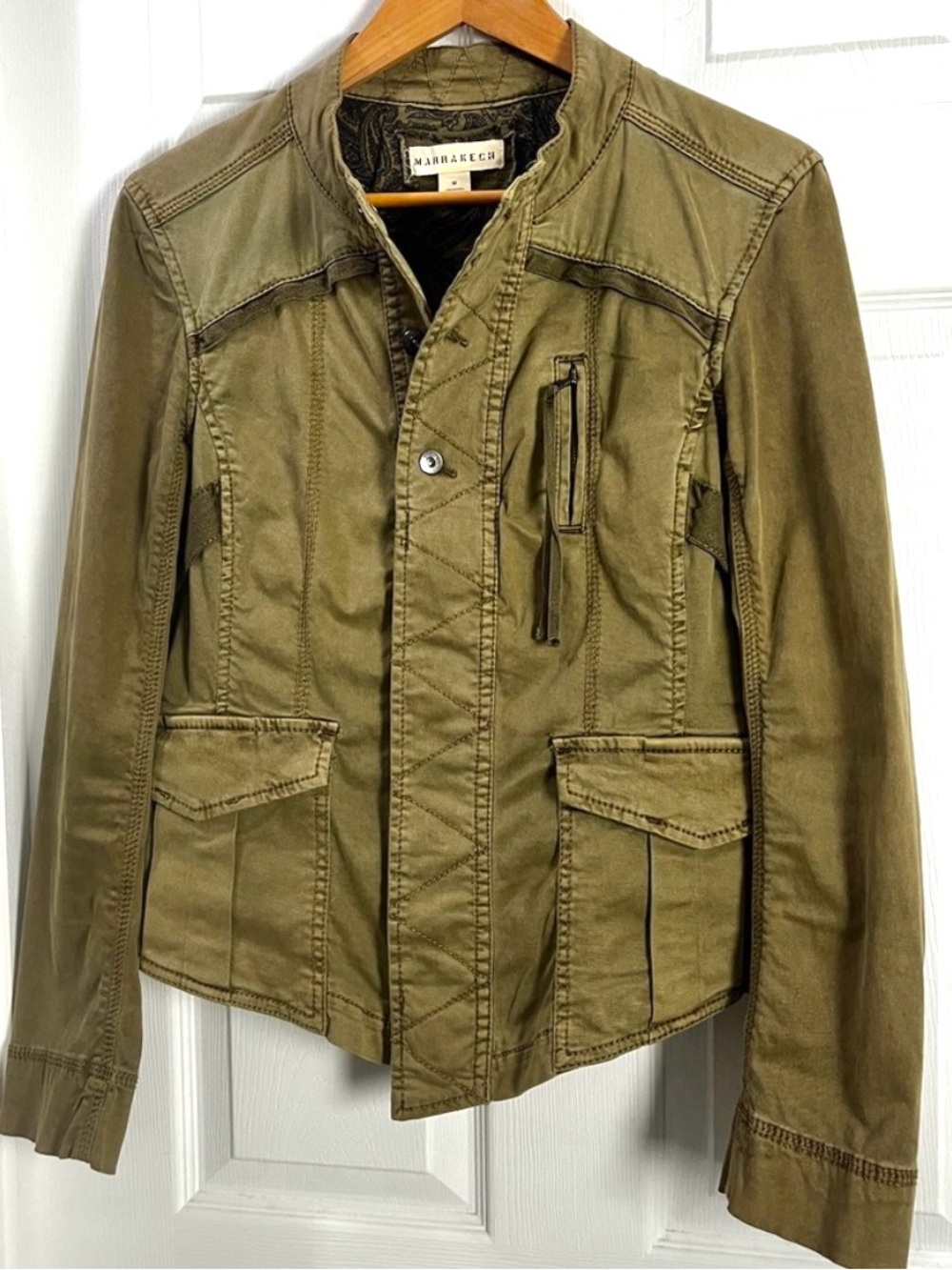 Marrakech for Anthropologie Olive Utility Jacket Paisley Lined Boho • Size M